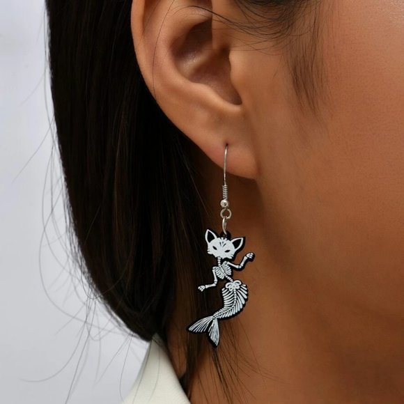 🧿 2 for $25 🧿 Spooky Lil' Skeletal Mermaid Kittens Dangle Earrings - Picture 2 of 10